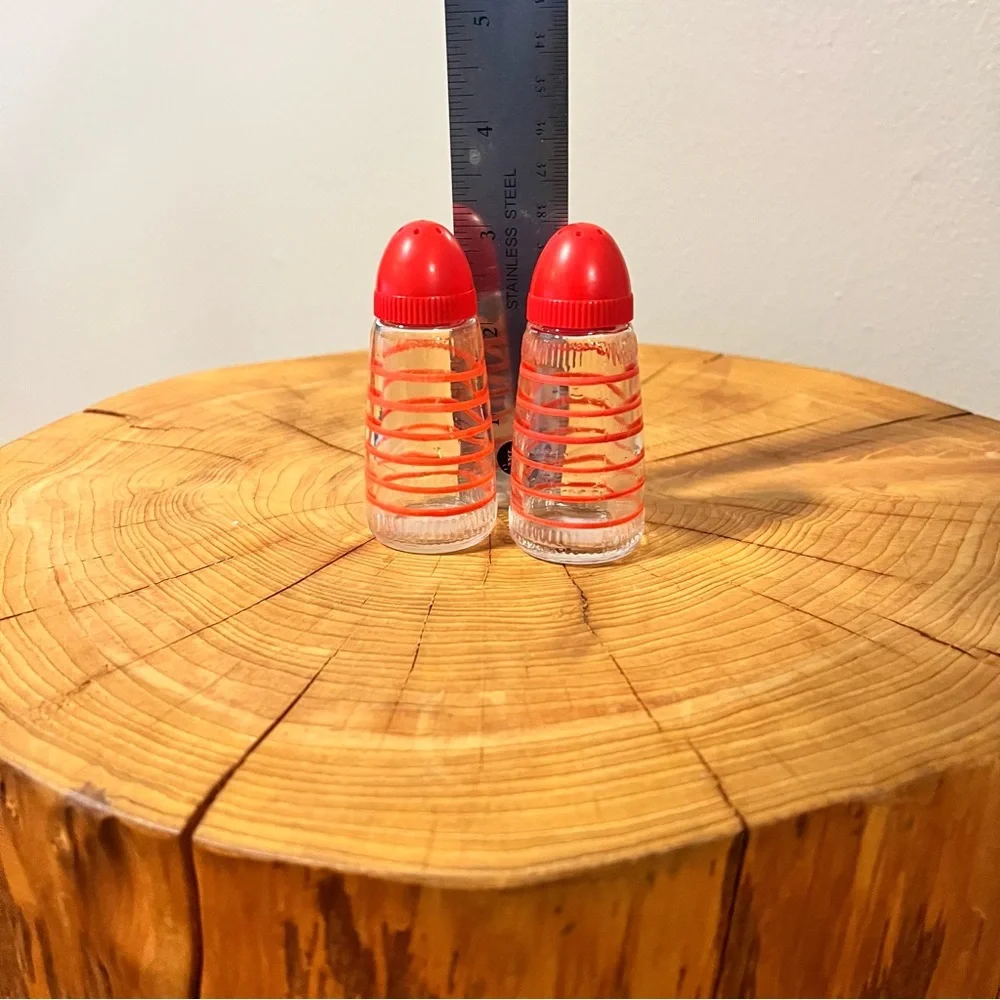 Vintage MCM 1950s Hazel Atlas Glass Red Stripe White Salt Pepper Shaker